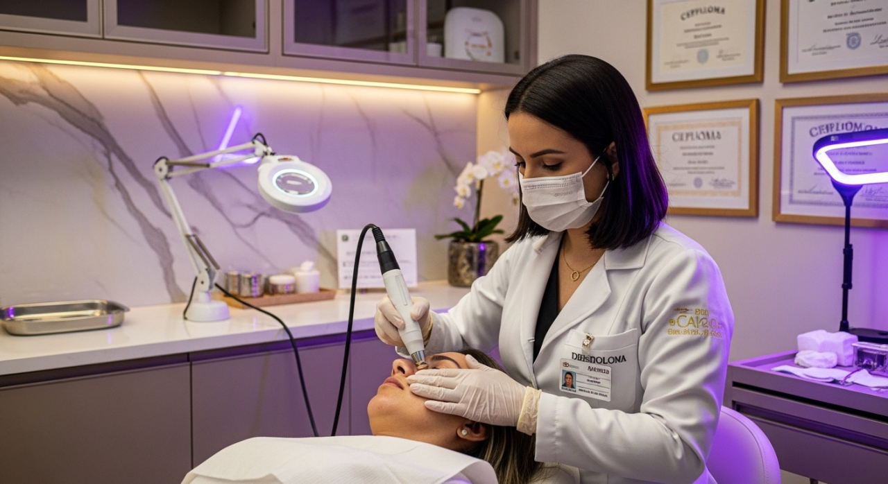 dermatologista realizando procedimento no consultório.