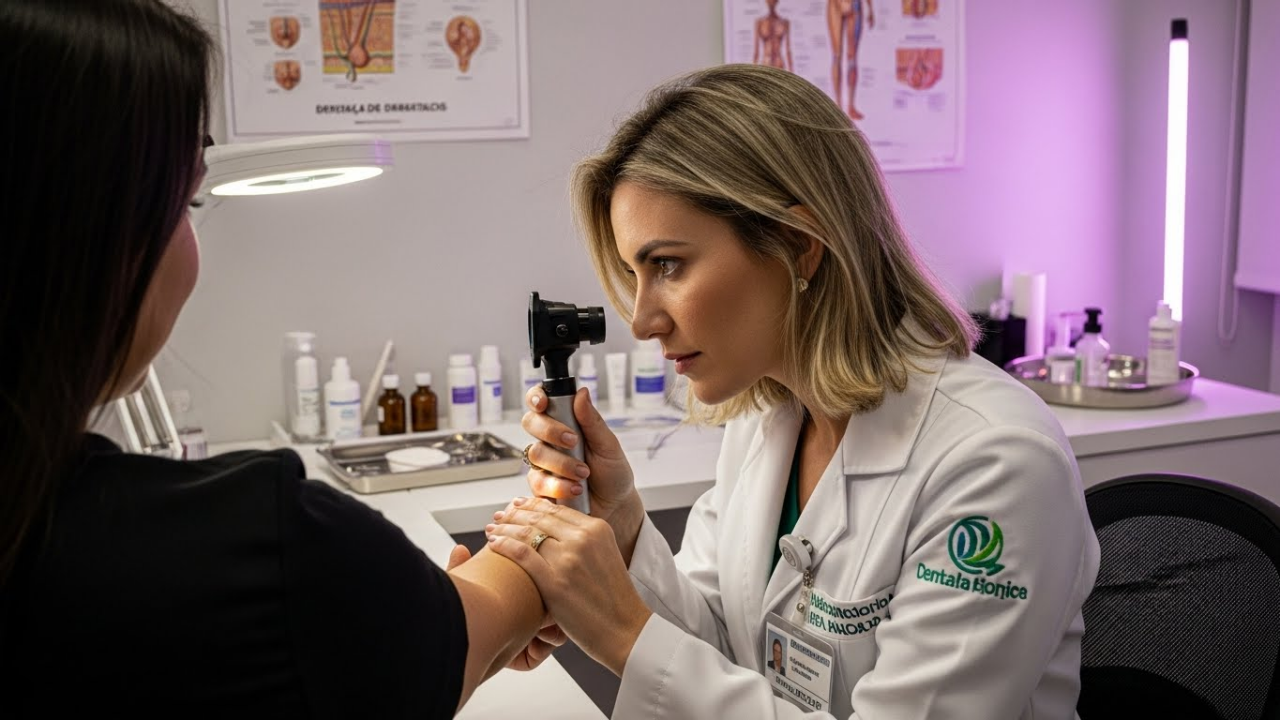 Dermatologista examinando a pele do paciente com dermatoscópio em consultório.”
