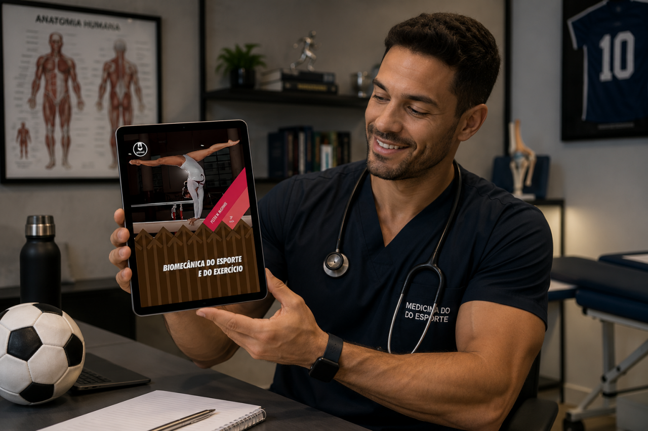 médico do esporte mostrando livro no tablet
