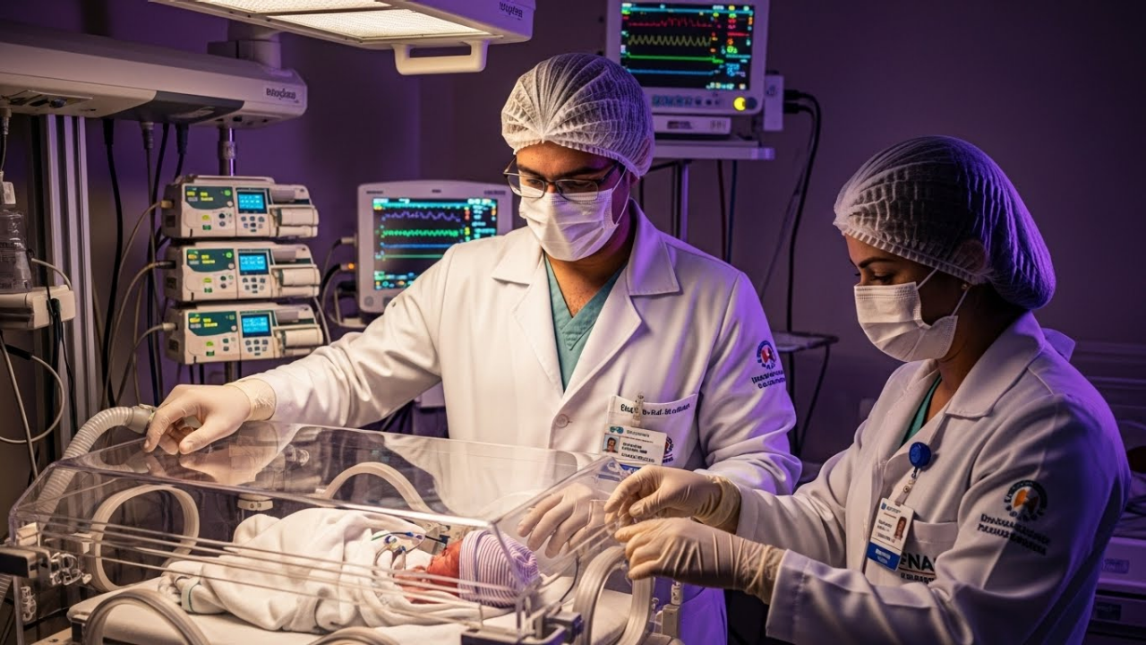 Equipe cuidando de recém-nascido prematuro em incubadora na UTI neonatal.