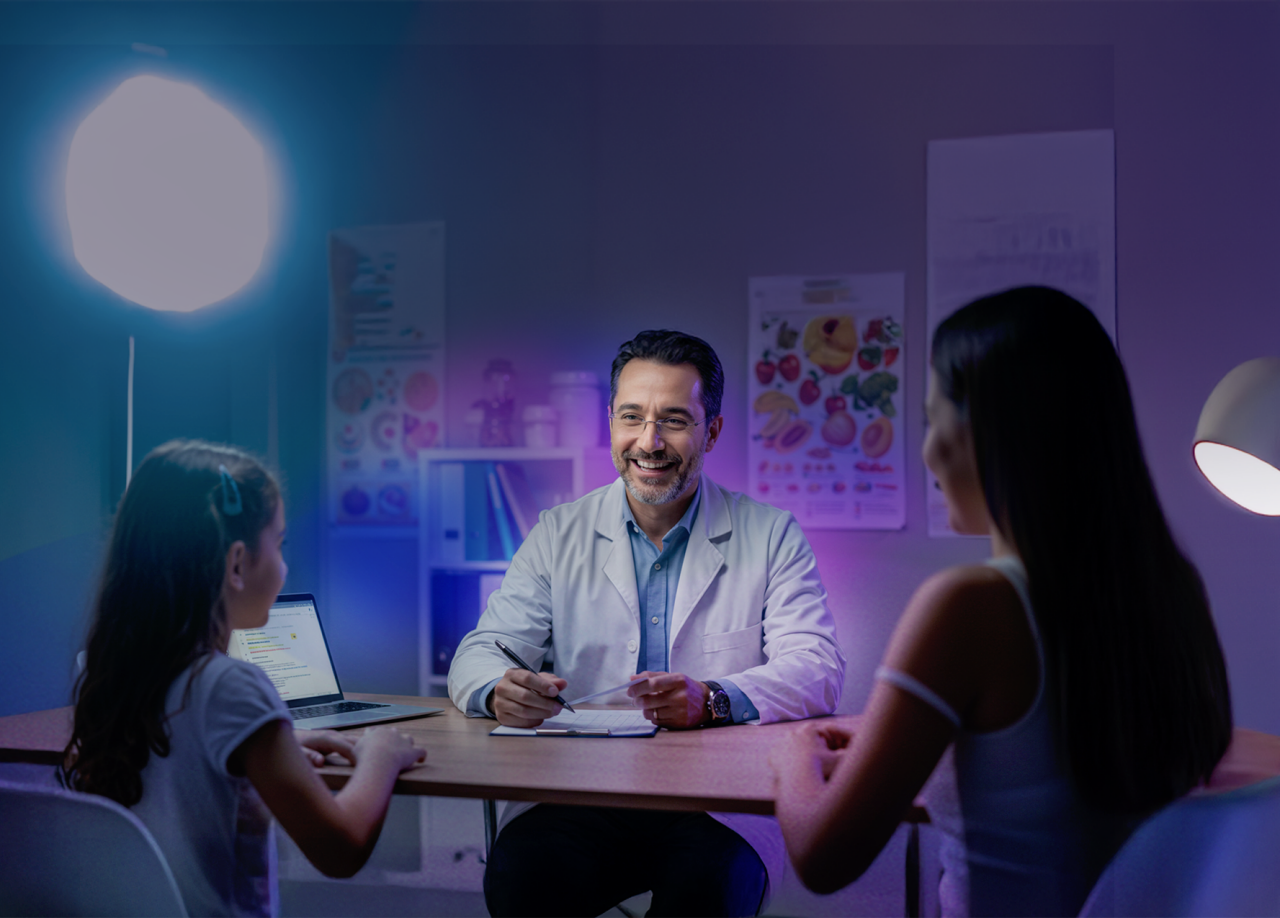 Nutrólogo pediátrico orientando família sobre alimentação e crescimento infantil.