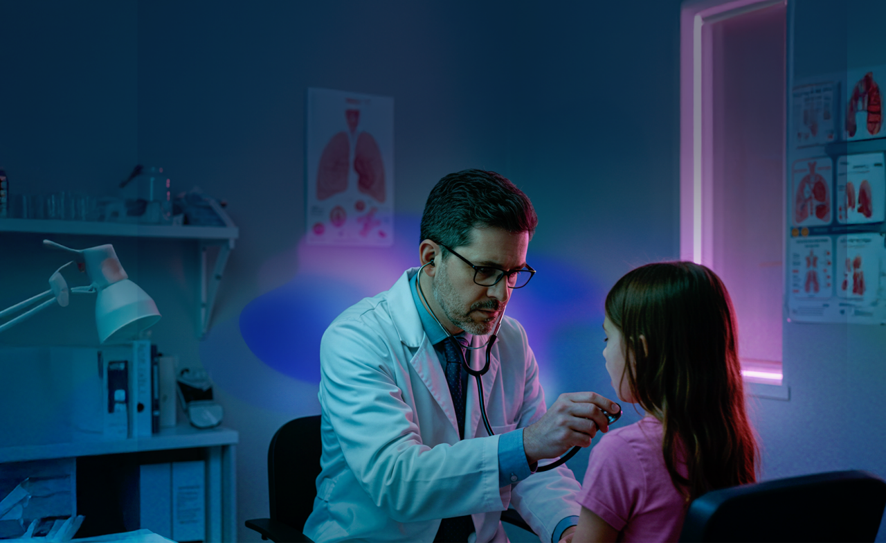 Pneumologista pediátrico realizando espirometria em criança