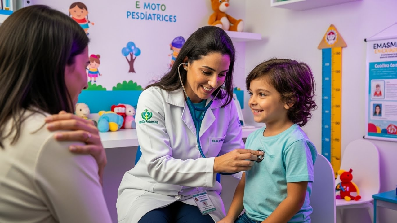 Pediatra examinando criança com o responsável em consultório infantil.